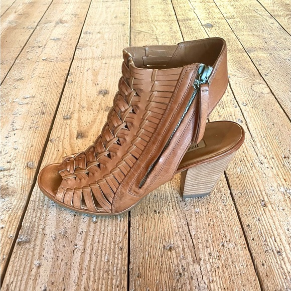 Paul Green Miranda Tan Leather Woven Peep Toe Booties Block Heel US 8 UK 5.5 - Picture 6 of 12